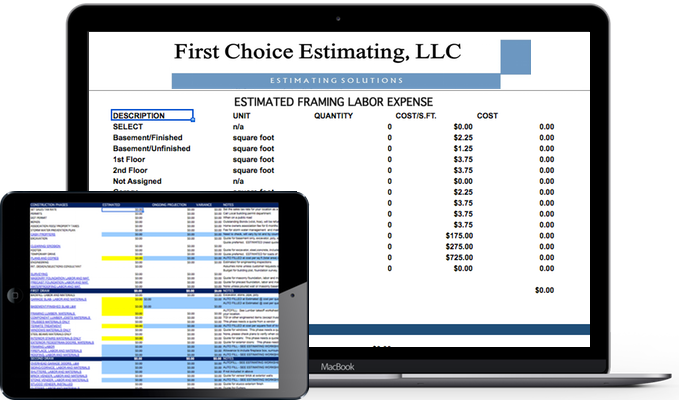 First Choice Estimating Home Construction Estimation Tools - Estimating columns, posts, base, capital, front porch, back porch, deck, covered deck, screened, enclosure, composite decking, salt treated, pressure treated, first floor, second floor, third floor, attic, unfinished, finished, storage, bonus room, bedroom, master bedroom, master suit, bath, master bath, cabinets, vanity, lavatory, sink, laundry tub, laundry, utility, room, study, parlor, family room, great room, kitchen, nook, design, skylight, windows, doors, exterior doors, interiors doors, patio doors, French doors, transom, fixed glass, fenestration, carpet, vinyl, hardwood, engineered wood, laminate, flooring, and vinyl.